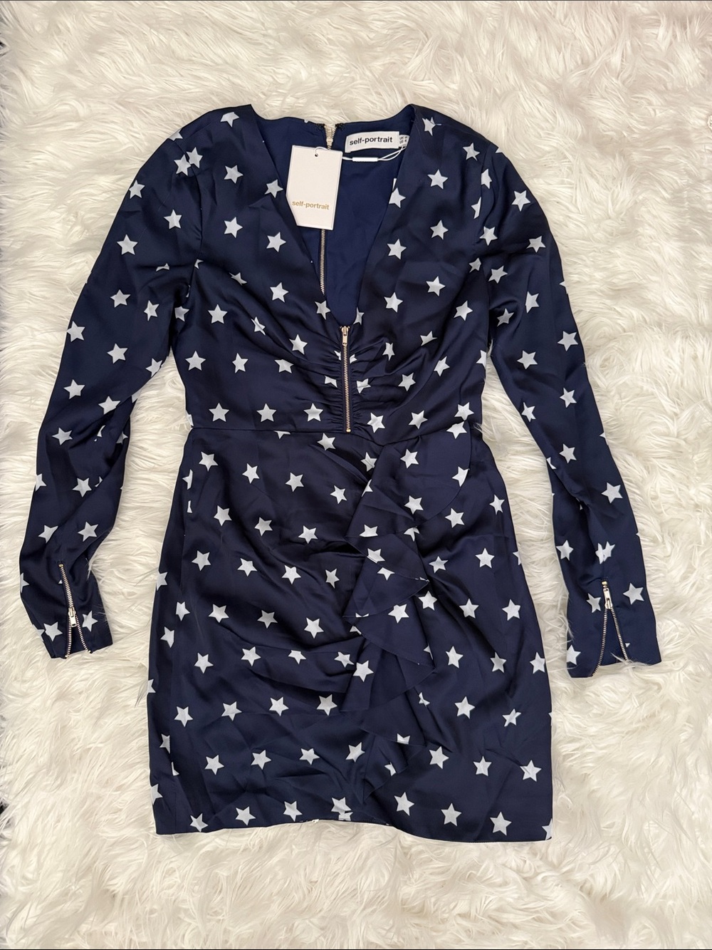 Self-Portrait Navy and White Star-Print Long-Sleeve Dress